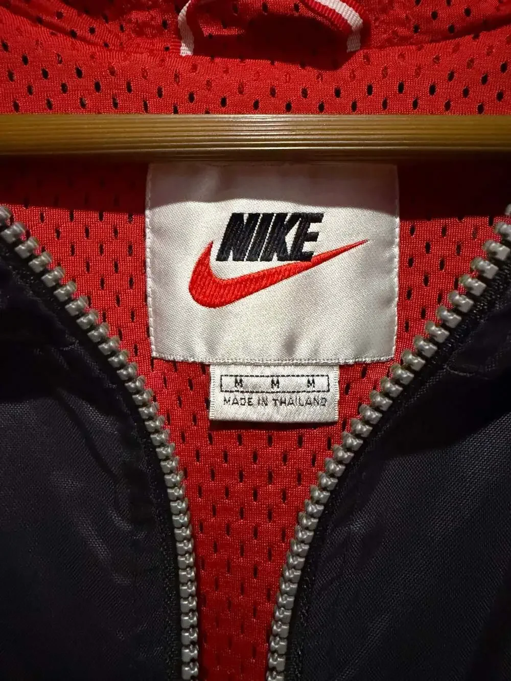 Vintage Nike Black and Red Hooded Windbreaker Jacket Medium White Tag